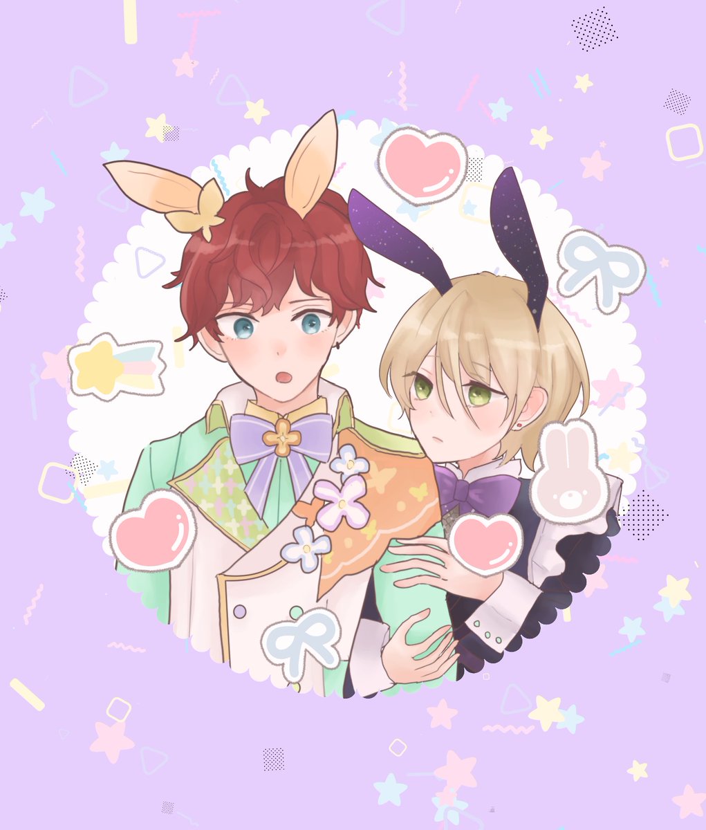 multiple boys 2boys male focus animal ears blonde hair green eyes rabbit ears  illustration images