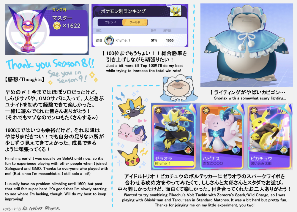 Pokémon Unite / Game log
ちょい早めだけど、わいのS8をここで〆!今期も色々あった。上手くいかなかったことを来期でリベンジしたい😾
Finishing S8 a few days early. Hoping to improve even more next season 🐱⚡️⚡️ 