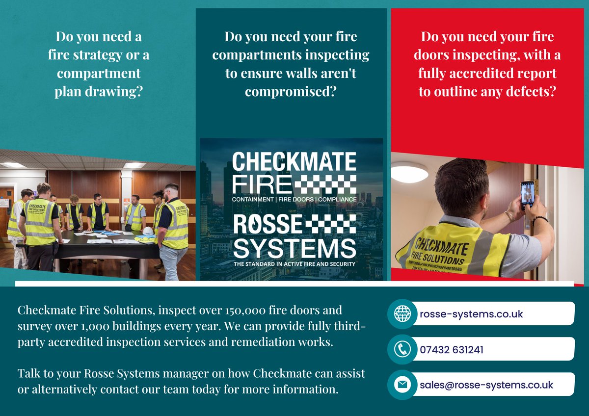 RosseSystems's tweet photo. Are you struggling to create a #firestrategy? Our sister company @CheckmateFire inspect over 150,000 #firedoors and survey over 1000 buildings every year, providing third-party accredited inspections &amp; #remediation works.
 
Want more information? No problem! Contact our team. https://t.co/oGdgNmoiHS