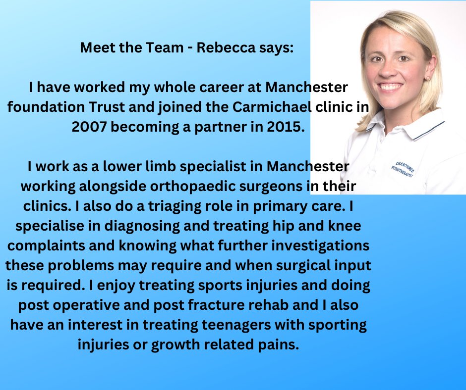 CarmichaelClini's tweet image. Meet the Team - Rebecca Jackson
I have worked my whole career at Manchester foundation Trust and joined the Carmichael clinic in 2007 becoming a partner in 2015.
#physio
#acupuncture
#knutsford
#gpknutsford
#kneespecialist
#hipspecialist
#sports injuries