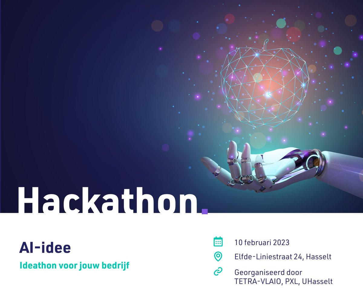 aibyexample's tweet image. Werk jij in de voedingsindustrie?🍎🥕🥩 Dan ben jij de persoon die wij zoeken, want tijdens deze ideathon introduceren wij jou 🫵 in de wereld van Artificiële Intelligentie.

Meer info? &amp;gt;&amp;gt; aibyexample.be/hackathon
- met partners @HogeschoolPXL, @uhasselt en @VLAIO_be