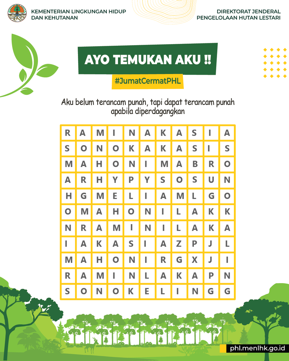 Temukan aku #SobatRimba!! Kalau belum ketemu jawabanya, dapat #SobatRimba lihat pada informasi yang sudah pernah mimin bagikan sebelumnya.
Selamat bermain #jumatcermatphl, jangan lupa ketik jawaban kamu di kolom komentar ya!
#IndonesiaTangguh #IndonesiaTumbuh #klhk #kemenlhk