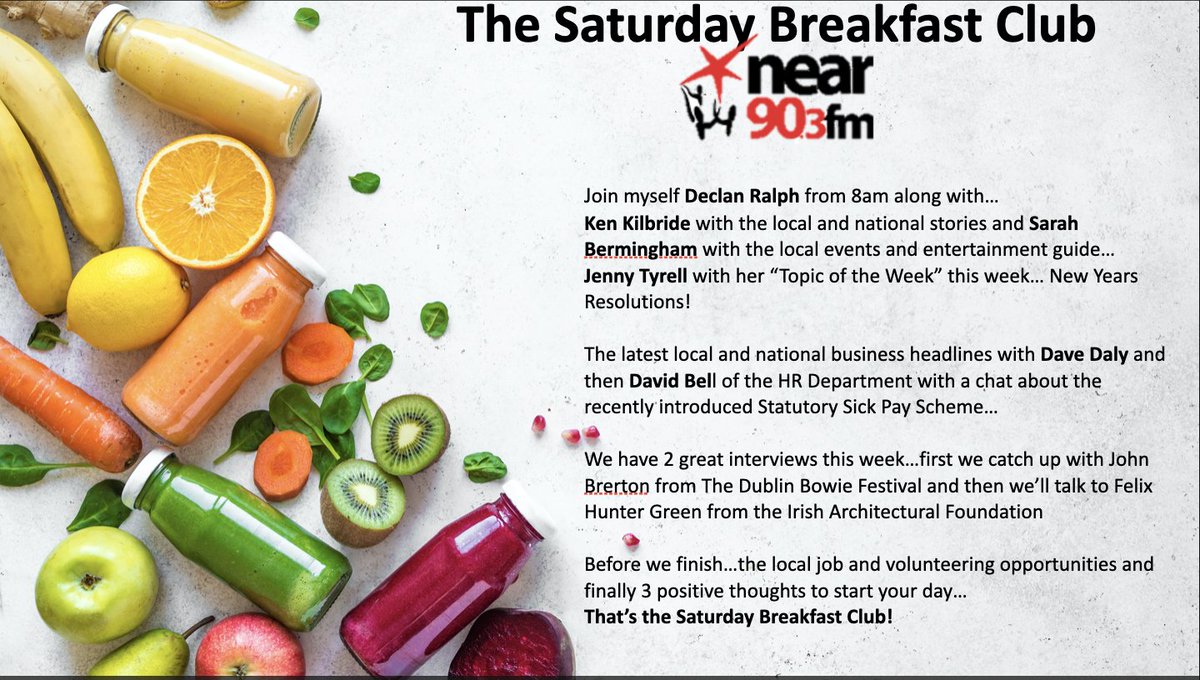 DeclanRalph's tweet photo. The Saturday Breakfast Club at 8am @nearfm Join myself @SarahKEB @kenkilb7 @DaveDalyFM @JcJen and @theHRdepartment for local news, events and local and national business...also 2 great conversations with John Brerton @dublinbowiefest and Felix Hunter Green @IFArchitecture 👇 https://t.co/j0Rfdp8ibn