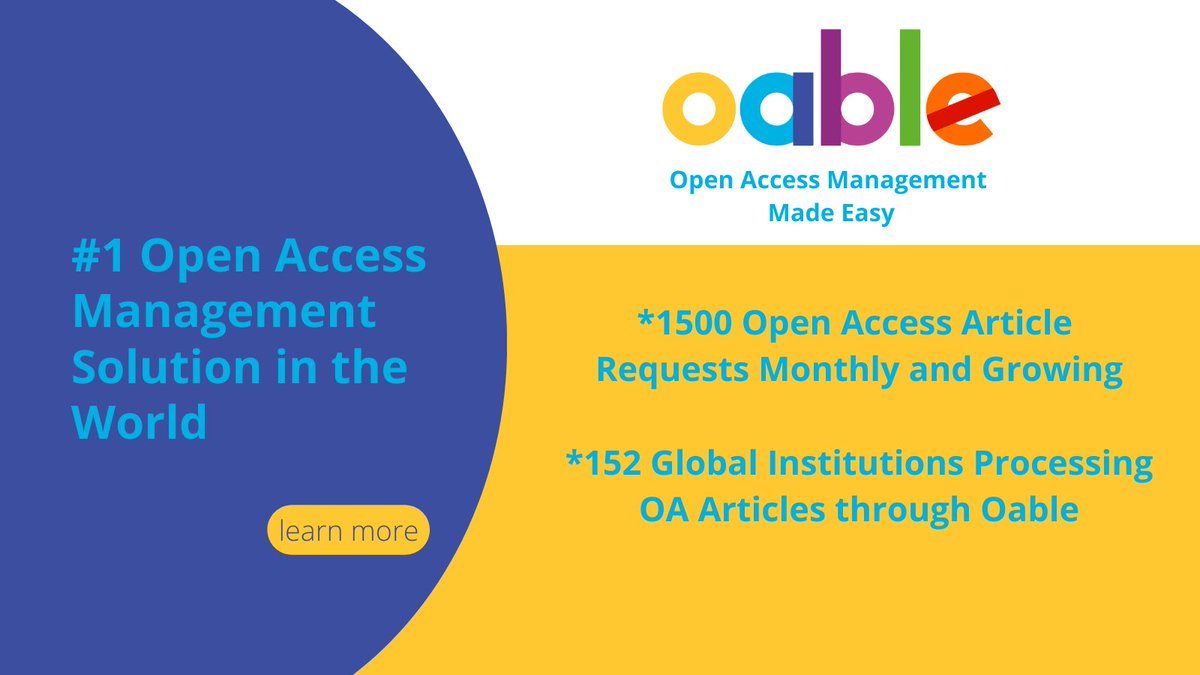 KUnlatched's tweet photo. #Oable: Open Access management made easy. 1,500 #OpenAccess article requests, and growing, processed monthly. 152 global institutions managing Open Access article workflows through Oable, as the leading Open Access solution in the world https://t.co/lfWqZfehI5 https://t.co/niweSOVKZy