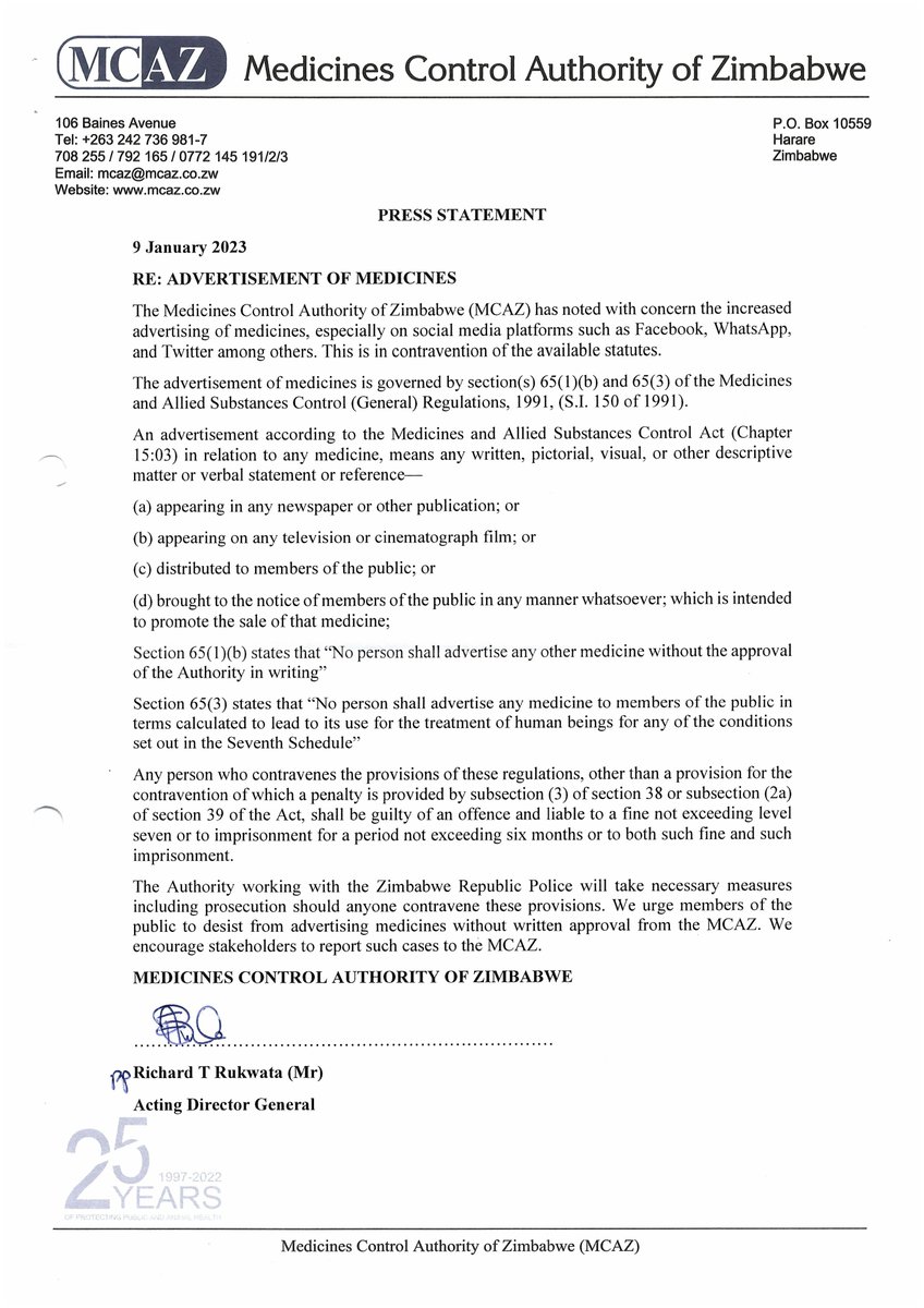 Advertising of medicines is governed by law. Stakeholders are encouraged to seek approval from the Authority before they publish any adverts on any platform including social media.