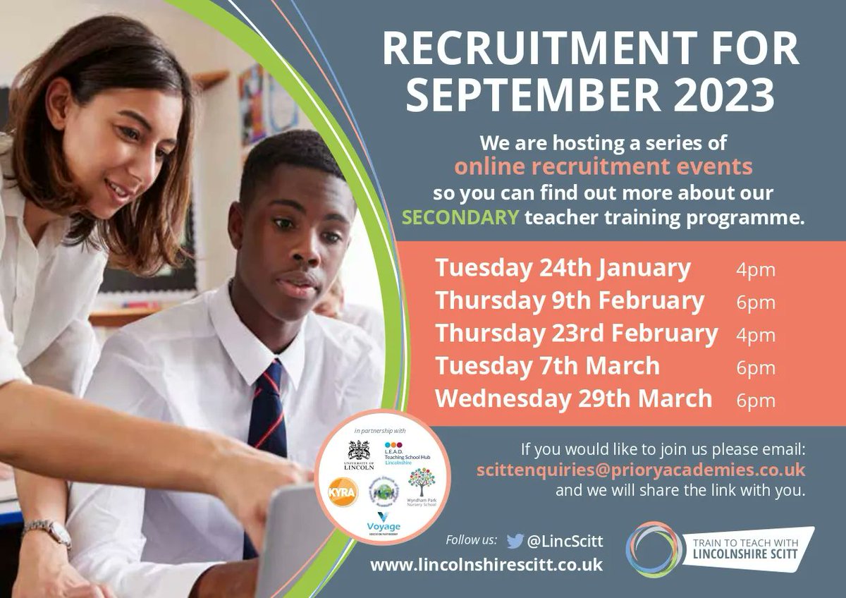 LincITT's tweet photo. Thinking of training to teach? Our next online recruitment events are on the Tuesday 24th January at 4pm. Both for #primary and #secondary! https://t.co/AVeUjXK0XN 

Email: scittenquirires@prioryacademies.co.uk for the link to join

@VoyageEP @EBSchoolDirect @LEADTSHub @WPNursery https://t.co/CoCx9mVDPn