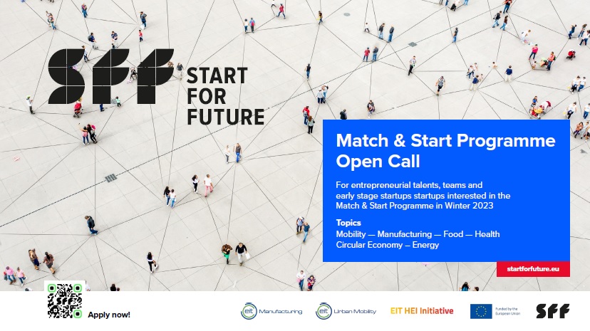 SFF lancia la call Start For Future Match &amp; Start Programme con scadenza al 20 Gennaio 2023 e che guiderà i team partecipanti a sviluppare un prototipo del proprio “concept” di business! 🤩
Per maggiori info: rb.gy/uplspp