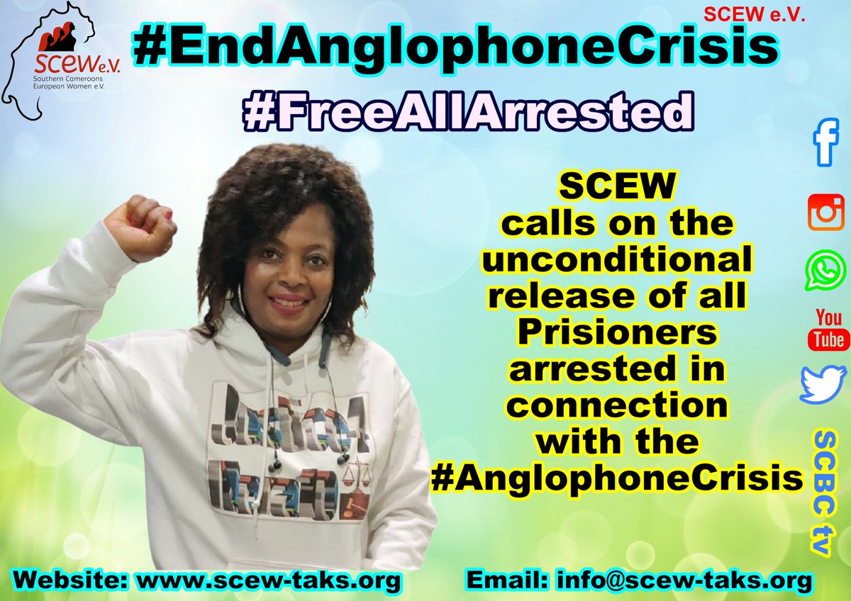 ScewTaks's tweet photo. SCEW is demanding the release of all political prisoners arrested  in connection with the Anglophone Crisis in Cameroon.
#FreeAllArrested
#FreeAllPoliticalPrisoners
#RefugeeRights
#EndAnglophoneCrisis initiate #PeaceTalks
@KamalaHarris
@ClaudiaWebbe
@EU_Commission
@UNHumanRights https://t.co/eMPGJBItMC