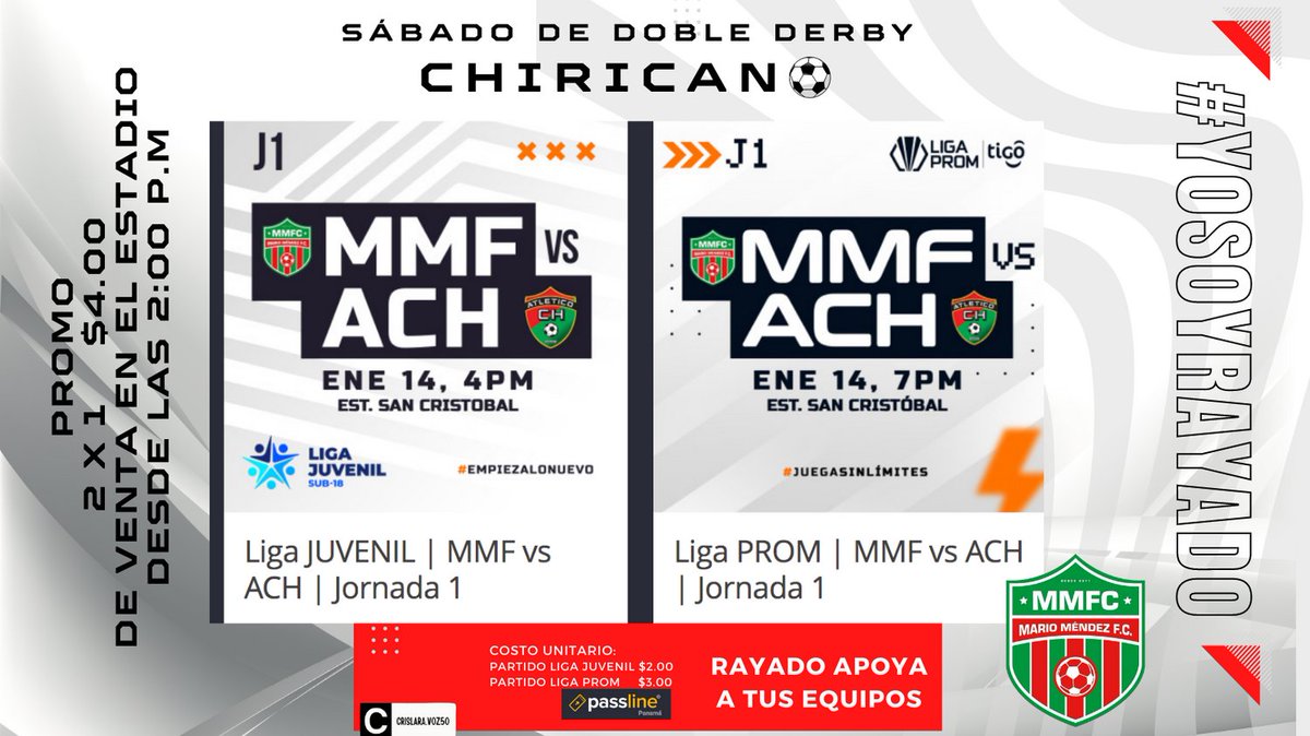 RAYADO⚽️ 
Apoya a tus equipos Juvenil y Prom en
el PRIMER GRAN CLÁSICO CHIRICANO.

📍 Estadio San Cristóbal⏱ 4:00 pm y 7:00 pm
PROMO doble partido💲4:00
De venta en el estadio

#vamosrayados #yosoyrayado