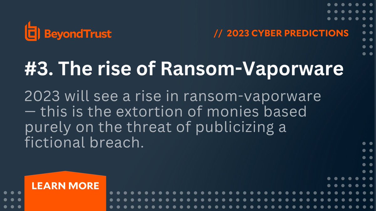BeyondTrust's tweet photo. As we begin 2023, let's take a look at some big cybersecurity predictions courtesy of our prolifically prophetic BeyondTrust experts!

This is as close as you will get to having a cyber crystal ball! 🔮

https://t.co/tlAPSDUuKi

#CybersecurityPredictions #Malware #BeyondTrust https://t.co/E1MAOKm4dx