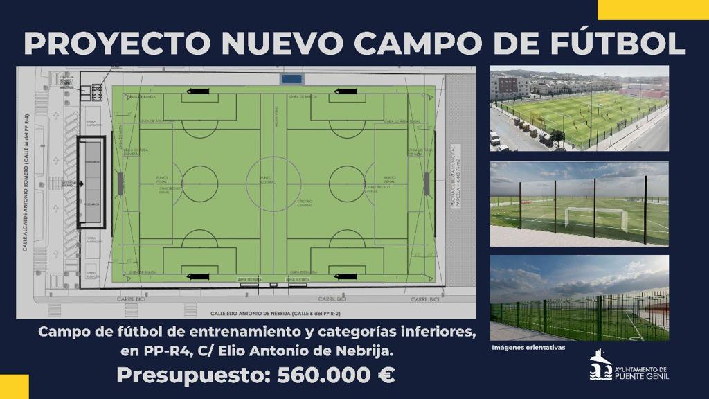 Este es el proyecto del nuevo campo de fútbol de Puente Genil. Se ubicará en la zona de La Pitilla, junto a la piscina cubierta. Se prevé que las obras comiencen en primavera, con una duración aproximada de unos seis meses. Un proyecto que aliviará las necesidades del <a href="/SalermPG/">Salerm Puente Genil F.C.</a>.