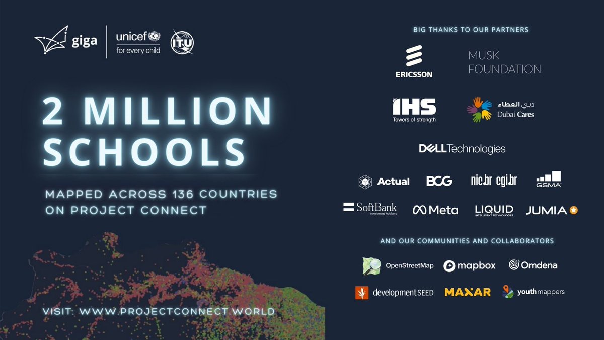 The actual number of schools in the 🌍 and their locations are still unknown. That's why mapping 2 million schools is so significant! We are proud to celebrate this milestone in connecting schools to the Internet @Gigaglobal #ProjectConnect #MapEverySchool #2MSchoolsMapped