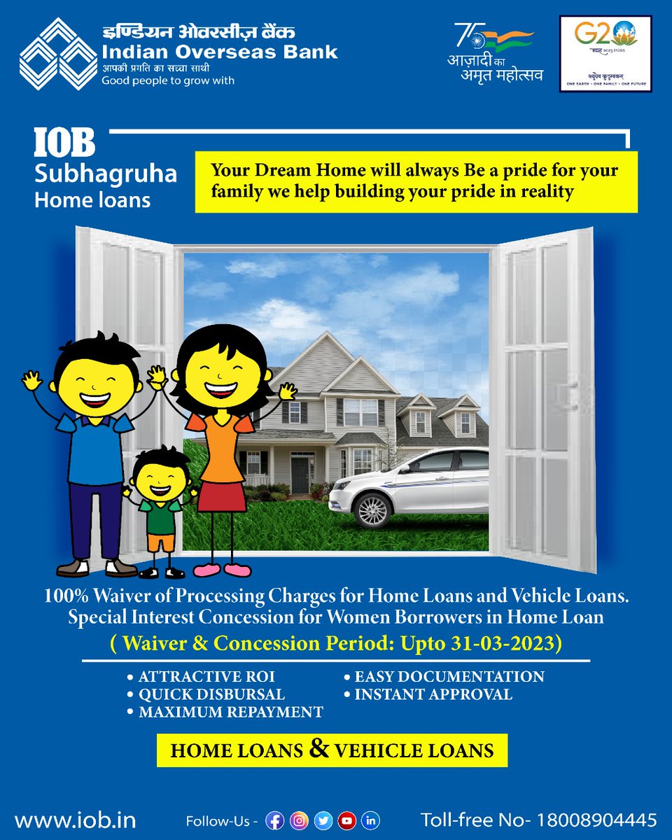 IOBIndia's tweet image. Get 100% waiver of processing charges on Home loans &amp;amp; Vehicle Loan with easy documentation and attractive Interest Rate &amp;amp; also get special Interest concession for women Borrowers in Home Loan. 
#IOBIndia
#homeloans 
#AzadiKaAmritMahotsav 
#DFS 
#Banks