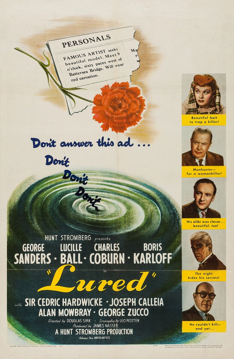 #ComingUpOnTCM

LURED (1947) #GeorgeSanders #LucilleBall #CharlesCoburn
Dir.: #DouglasSirk 5:00 PM PT

A woman helps the police catch the serial killer who murdered her best friend.

1h 42m | Suspense/#Mystery | TV-G

#TCM #TCMParty #BorisKarloff #GeorgeZucco #CedricHardwicke