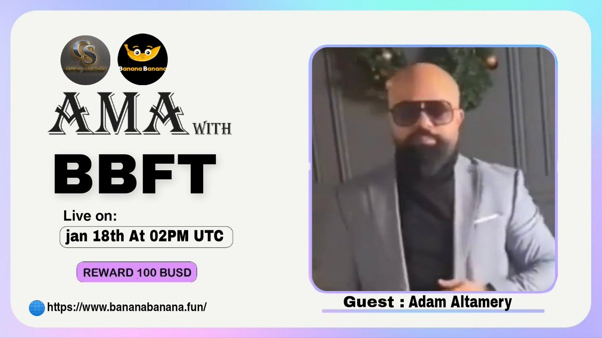 CryptoSolutionG's tweet photo. 🔊 #VOICE AMA Crypto Solution Glad To Announce AMA with BBFT

⏰ Date &amp; Time: 18/02/23 AT 02PM UTC

💰Rewards Pool: 100$ USDT 

🏠Venue: https://t.co/Kv6NQ7XjoA

〽️Rules: 

1⃣ Follow @CryptoSolutionG &amp; @BananaBananaFun

2⃣ Like &amp; Retweete 

3⃣ Comment Questions &amp; Tag 3 Friend https://t.co/SY9DUudxgL