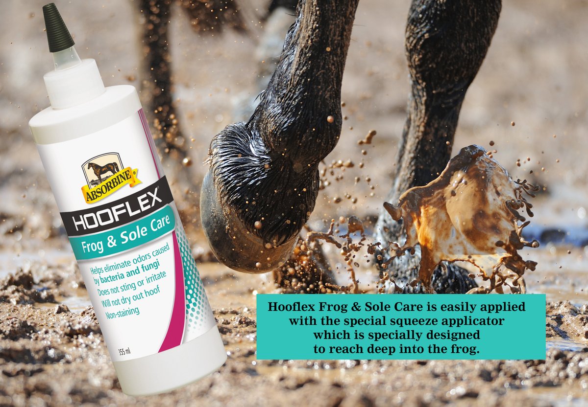 Absorbine® Hooflex® Frog &amp; Sole Care is a must-have in wet, muddy conditions. It soothes the hoof eliminating odours caused by bacteria and fungi.  The liquid formula penetrates the frog &amp; sole tissue, doesn’t sting, stain, or dry the hoof.  absorbine.co.uk/items/hooflex-…