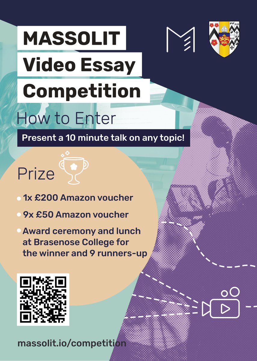 massolit's tweet photo. The MASSOLIT Video Essay Competition in partnership with Brasenose College, Oxford is back for its third year in a row 👏

Entries open from Wednesday 1st March 2023 and the final deadline is 5pm Friday 30th June 2023. 
Find out more: https://t.co/u9yt4UMdw0 #EduTwitter https://t.co/FI0W1jh4HU