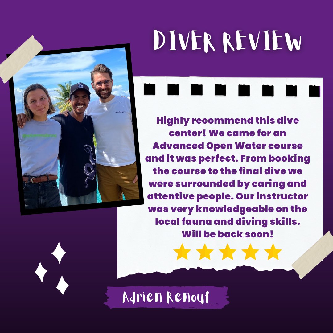 DivePenida's tweet image. Ready to take the next steps in your scuba diving adventure? Then the PADI Advanced Open Water course is for you! Thanks for this review and congrats to these advanced divers 😁

#padiopenwater #rateyourdive #padicourse #advancedopenwater #ow #aow #divemaster #rescuediver