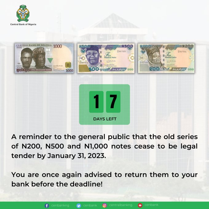 Nigeria’s old series of N200, N500 and N1,000 to stop being legal tender by January 31