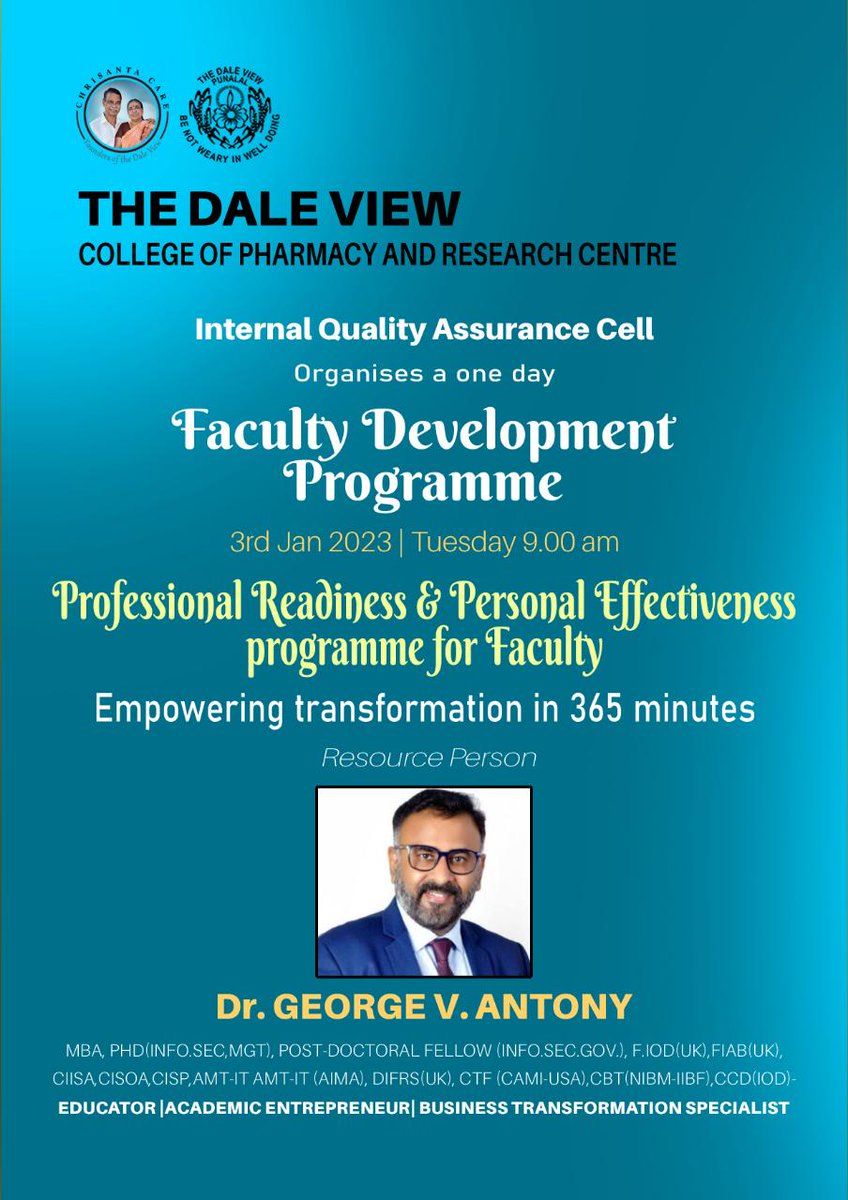 dvpharmacy's tweet photo. Faculty Development Programme on the Topic : “Professional Readiness &amp; Effectiveness  Programme for Faculty”, The Session handled by Dr. George V Antony, Educator, Academic Entrepreneur and Business Transformation Specialist on 3rd January 2023 https://t.co/dI9k1Fsq48