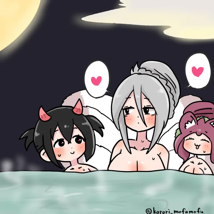『温泉を楽しむ狐師匠と鬼ちゃんとりつ姉』ゆったりのんびり#へんたつ #ケムリクサ #irodori #イラスト 