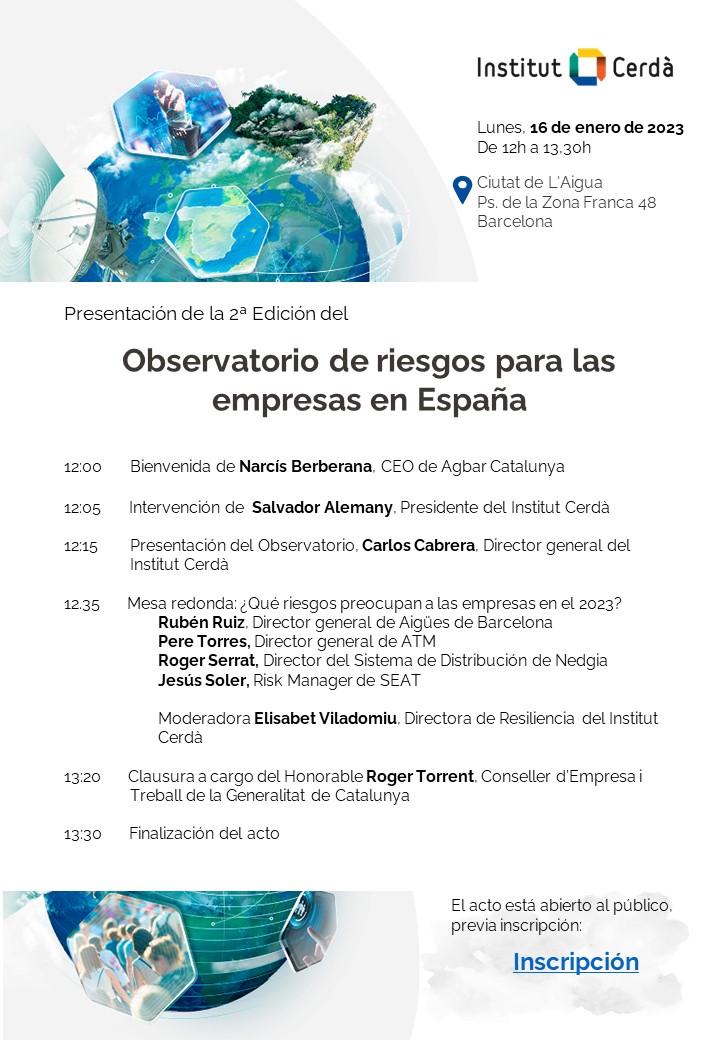 InstitutCerda's tweet photo. 📢#ObservatorioRiesgosEmpresas2023
🗓️16/01/23 ⏰12-13.30h
N.Berberana @Agbar R.Ruiz @rrarriazu @aiguesbcnclient S.Alemany @CabreraM_Carlos
@Pere_TorresG @ATMbcn R.Serrat @RSAn1977
@nedgia J.Soler @SEATofficial @ElisabetVilado3 @rogertorrent @empresacat
 👉https://t.co/zQguyjcIkE https://t.co/9vsHZ2vM5P