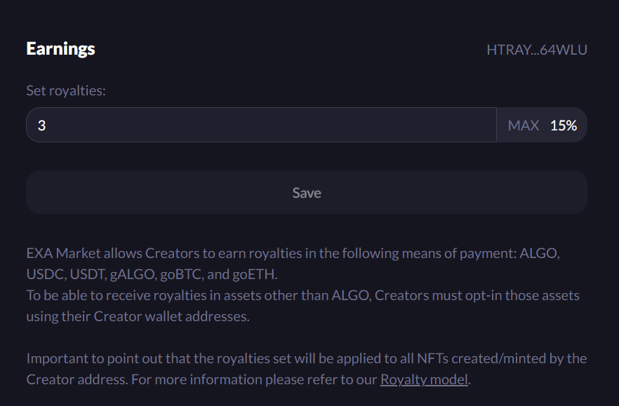 I set my royalties to only 3%. It's not easy for collectors to resell NFTs and make a profit on the secondary, so I don't take much.

I'm keeping an eye 👀 on <a href="/EXA_Market/">EXA Market</a>, it seems to be progressing very fast... 🔥