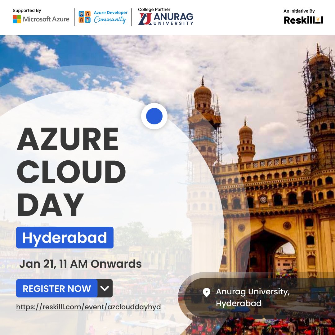 azdevindia's tweet photo. Exciting News!
Join us for Azure Cloud Day in Hyderabad on 21st Jan at Anurag University. Learn about the latest developments in cloud computing and network with industry experts.
Register now: https://t.co/3fUJVB3ivb
#AzureCloudDay #Hyderabad https://t.co/GEGR9yfPCN
