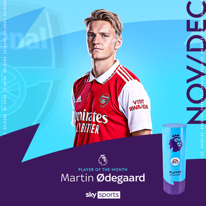 SkySportsPL's tweet photo. BREAKING: Martin Ødegaard has been named the EA Sports Premier League Player of the Month for November and December 🤩