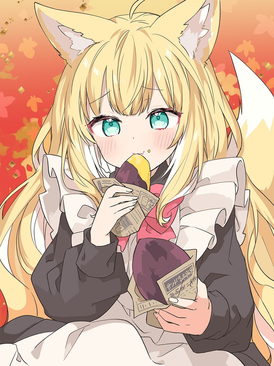 1girl fox tail fox ears animal ears fox girl tail eating  illustration images