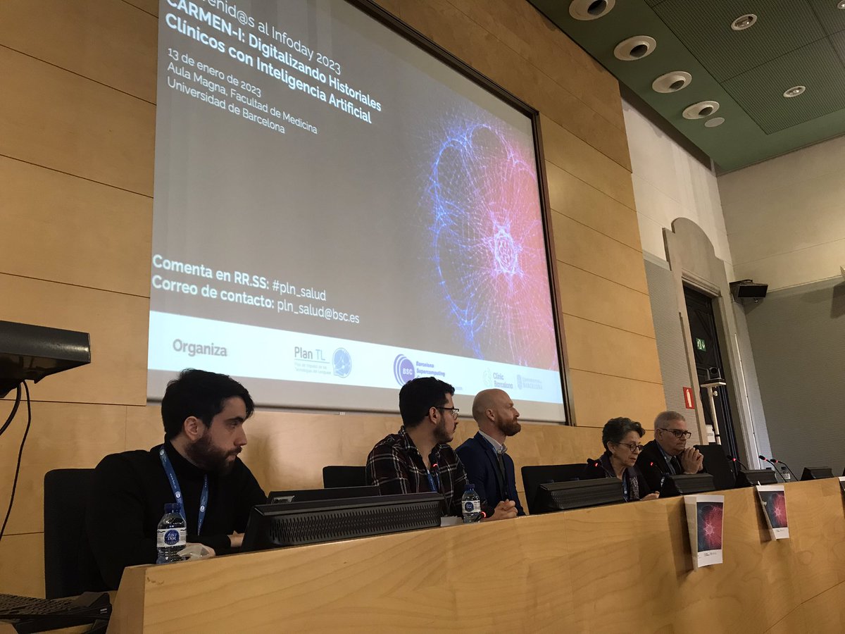 Alfons_Valencia's tweet photo. Comienza el infoday sobre #PLN #NLP 
Primera sesión sobre anonimizacion del corpus clínico CARMEN 

Con @MKrallinger &amp; Salvador Lima @BSC_CNS + Xavier Pastor @hospitalclinic Modera Maria Antonia Marti @UniBarcelona 

(Resultados en parte del  #PlanTL de @SEDIAgob) https://t.co/Eq23eQhIkR