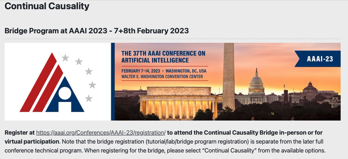 Ready to bridge #ContinualLearning &amp; #Causality? 

We are pleased to share the full set of amazing speakers, panelists, software labs, tutorials &amp; accepted papers for our #AAAI23 <a href="/RealAAAI/">AAAI</a> 2-day Continual Causality Bridge - Feb 7+8: 

continualcausality.org

A 🧵with details ⬇️