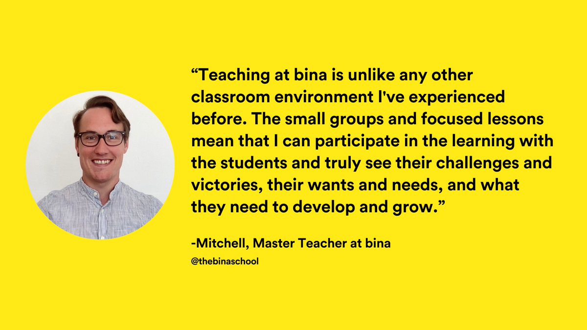 "I love working at The bina School because of its innovative approach to education," says Mitchell. Each day, he meets with his small group of students to support them in reaching their full potential-- academically, socially, and emotionally. 🚀🌟