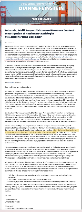 2018 yılında Senatör Dianne Feinstein ve kongre üyesi Adam Schiff, hashtag'in 'Rus nüfuz operasyonlarıyla bağlantılı sosyal medya hesaplarının derhal dikkatini ve desteğini çektiğini' belirten bir açık mektup yayımladı.

Bahsi geçen hastag: #ReleaseTheMemo