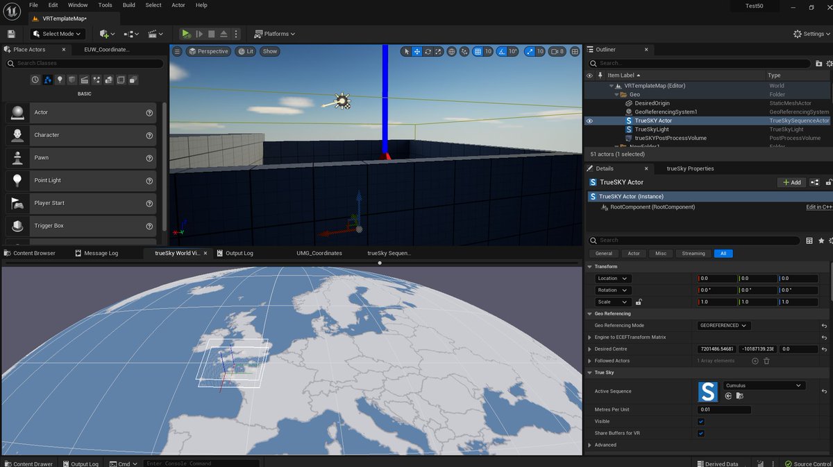 @unrealengine #ue5 has a Georeferencing feature which lets you locate your engine coords on Earth's surface. @simul #trueSKY supports this, but matching the two was tricky. I added a "World View" panel to Unreal Editor, which shows the UE origin and trueSKY's reference frame.