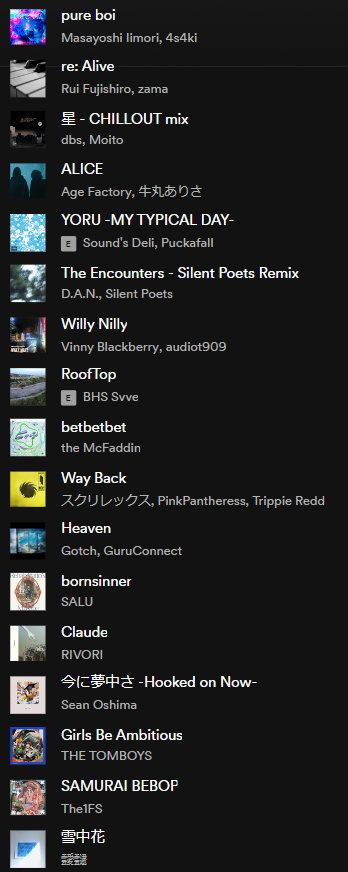 ◤#Spotify 1/13◢

ササクレクトstaff 今週のおススメ曲

Masayoshi Iimori,4s4ki
Rui Fujishiro,zama
dbs
Age Factory
Sound's Deli
D.A.N.
Vinny Blackberry
BHS Svve
the McFaddin
Skrillex,PinkPantheress
Gotch
SALU
RIVORI
Sean Oshima
THE TOMBOYS
The1FS
靉靆

open.spotify.com/playlist/2oeeM…