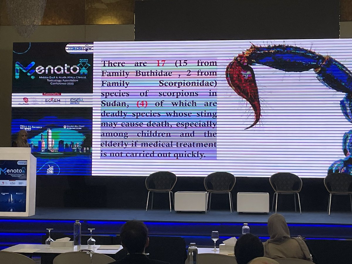 Dr Manal Siyam from the Toxic Organisms Research Centre (University of Khartoum) presenting <a href="/MENATOX/">MENATOX</a> in Abu Dhabi, on Envenomation of Leiurus
quinquestriatus from Sudan, Distribution vs Healthcare in the endemic areas #MENATOX2023 #Sudan #scorpions