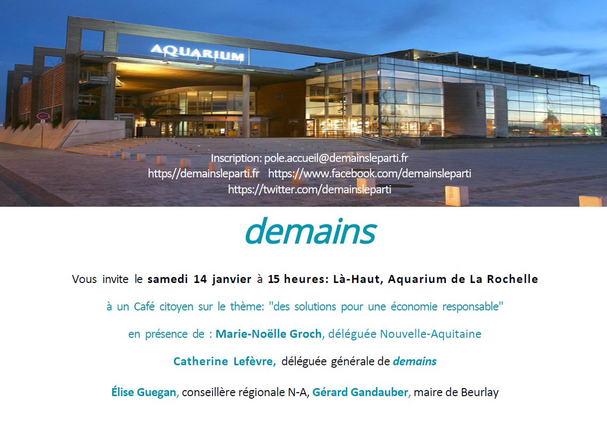🚨 A la Rochelle à 15h demain, le #CaféCitoyen de @demainsleparti autour de ses Déléguées, Catherine Lefèvre et Marie-Noelle Groch et en présence de <a href="/GueganElise/">Elise LAURENT-GUEGAN</a> Conseillère rég <a href="/NvelleAquitaine/">Nouvelle-Aquitaine</a> et Gérard Gandauber, maire de Beurlay.