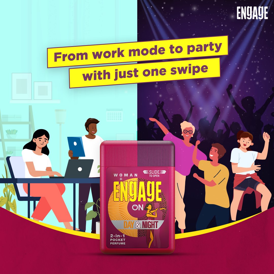 Engage ON 2-IN-1 Work and Party Pocket perfume is the perfect solution for your Fridays. Be it work or the evening party, it's going to get you compliments. 
Drop a ✋if you like partying after work on Fridays!

#EngageON2in1 #AlwaysOn #EngagePerfumes #EngagebyITC