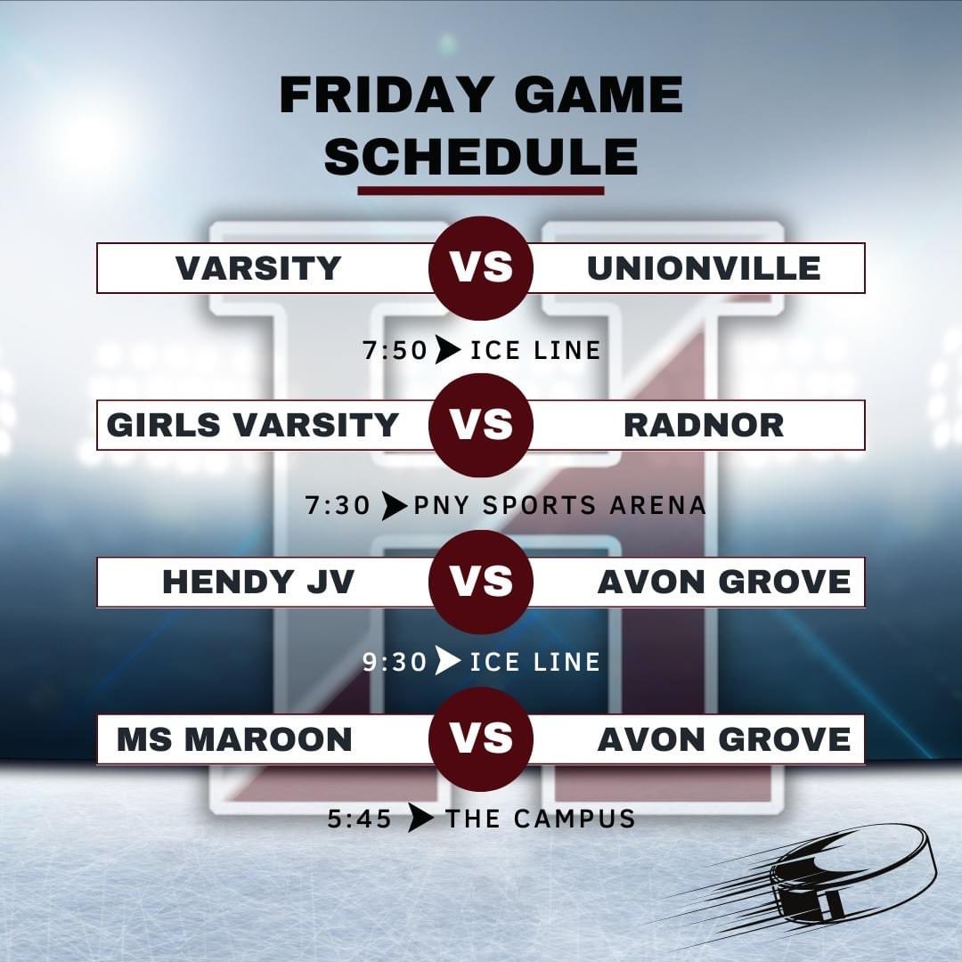 🏒Another busy FRIDAY NIGHT for Hendy Puck! Come out and support our teams as they take on their opponents at local rinks. Let's Go Warriors!