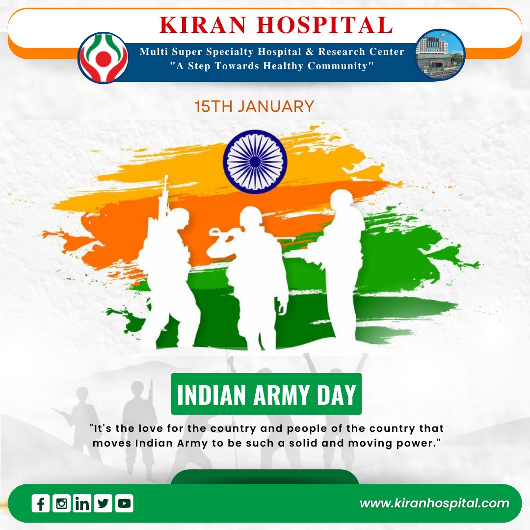 Kiran_Hospital's tweet photo. Let us come together to celebrate National Army Day to honour our brave soldiers who are the reason behind our pride and our smiles. Happy Army Day 2023!
.
#indianarmyday #indianarmy #kiranhospital #kiran #kiranmultispecialtyhospital #besthospital #hospitalinsurat #tophospital https://t.co/gj1LK9jhrt