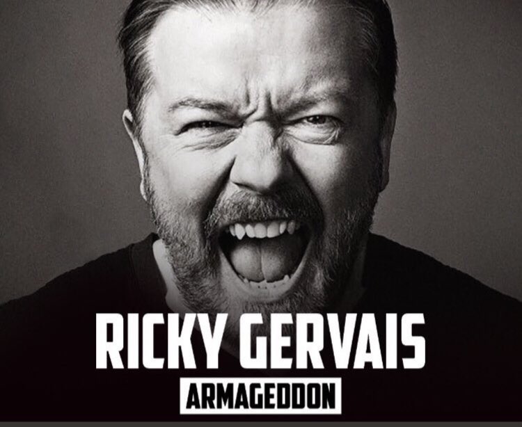 rickygervais's tweet photo. Loads of people who couldn't get tickets asking me if #Armageddon will be on Netflix. The answer is Yes! I will continue touring it throughout 2023 and then it will stream on Netflix around the world in 2024. https://t.co/zhQtjjXVWD