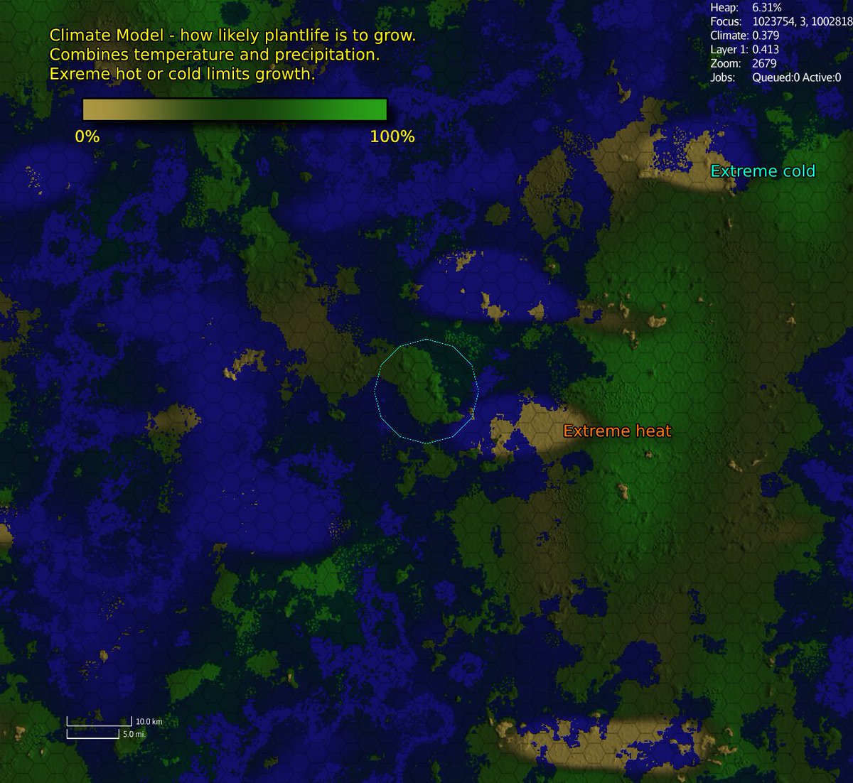 Simsilica's tweet photo. Played all week with ecology/climate models. I think I finally have something that will work. I wanted open fields, thick contiguous forests, random plants, and thick jungles. I believe this math will work. Still need to port it to Mythruna. #IndieGameDev #indiegame #MapsAreCool https://t.co/IFnEyh5zTu