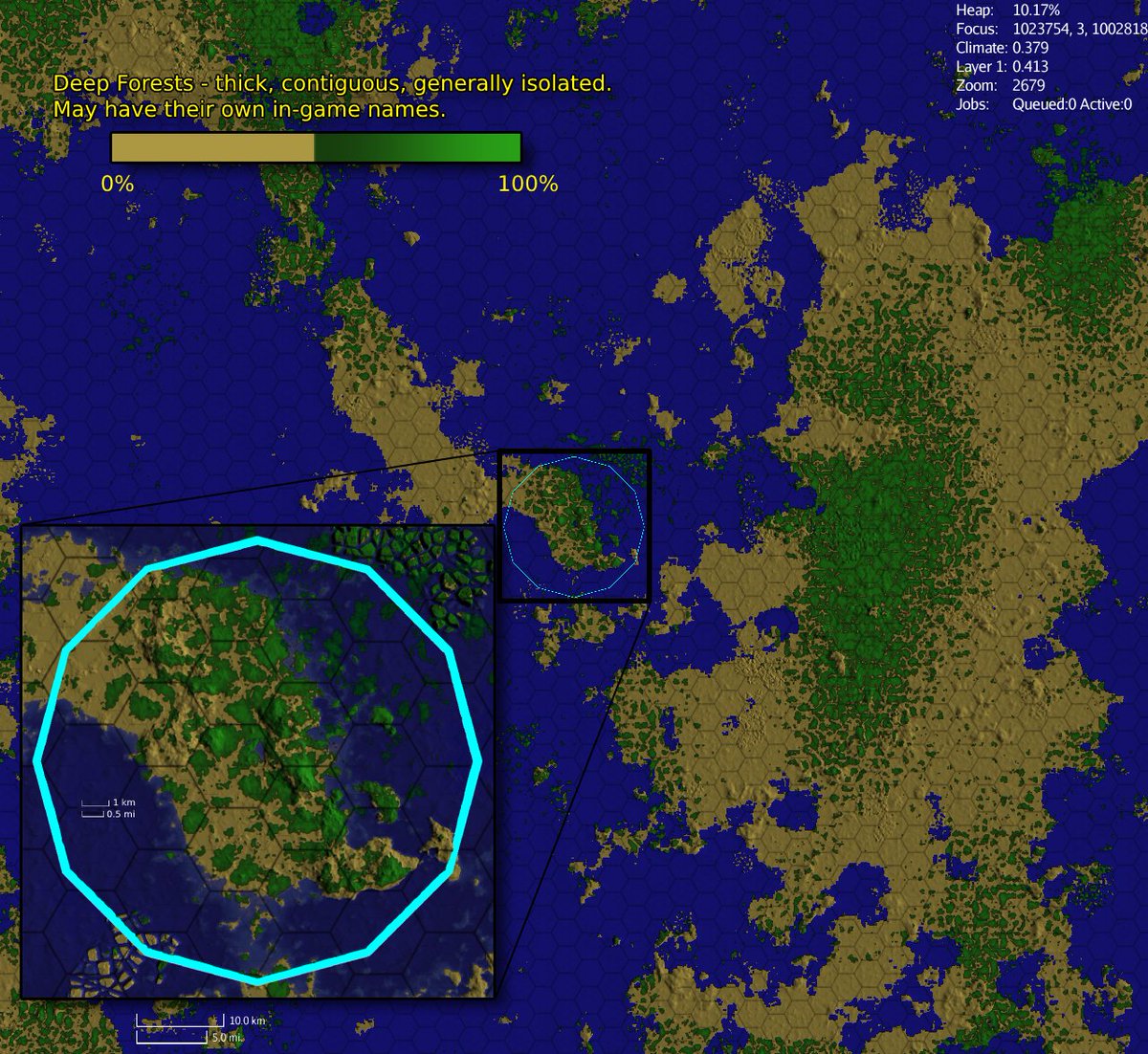 Simsilica's tweet photo. Played all week with ecology/climate models. I think I finally have something that will work. I wanted open fields, thick contiguous forests, random plants, and thick jungles. I believe this math will work. Still need to port it to Mythruna. #IndieGameDev #indiegame #MapsAreCool https://t.co/IFnEyh5zTu