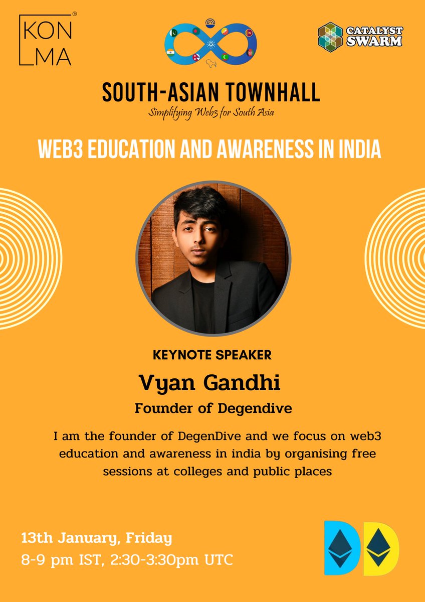 🤩SouthAsian Townhall is back tonight at Konmaverse and we have decided to double the fun. In addition to Himanshu Mahesh from <a href="/TalkiesWow/">wowTalkies- We are live on the Testnet!</a> , we also have Vyan Gandhi, founder of <a href="/Degen_Dive/">DegenDive</a>  joining us to share his insights on web3 awareness👀and education in India. ✨