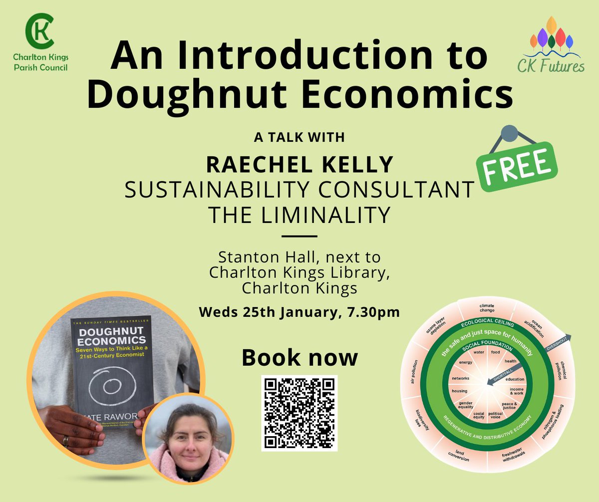 An intro to #DoughnutEconomics with @The_Liminality @raechel_kelly. 

25 Jan 7.30pm, Charlton Kings, Chelt. FREE.
 
Explore the seven key ideas behind the concept and challenge some of our long held assumptions about the current economic system. 

eventbrite.co.uk/e/ck-futures-t…
