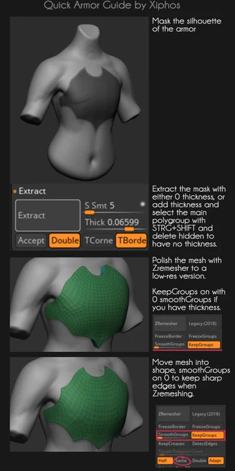 Hey there, I was struggling with making armor pieces in Zbrush during my first months of learning, and after a lot of research, I want to share some tips which really helped me! Maybe I'm not experienced enough yet to make any guides, but maybe this helps someone.  