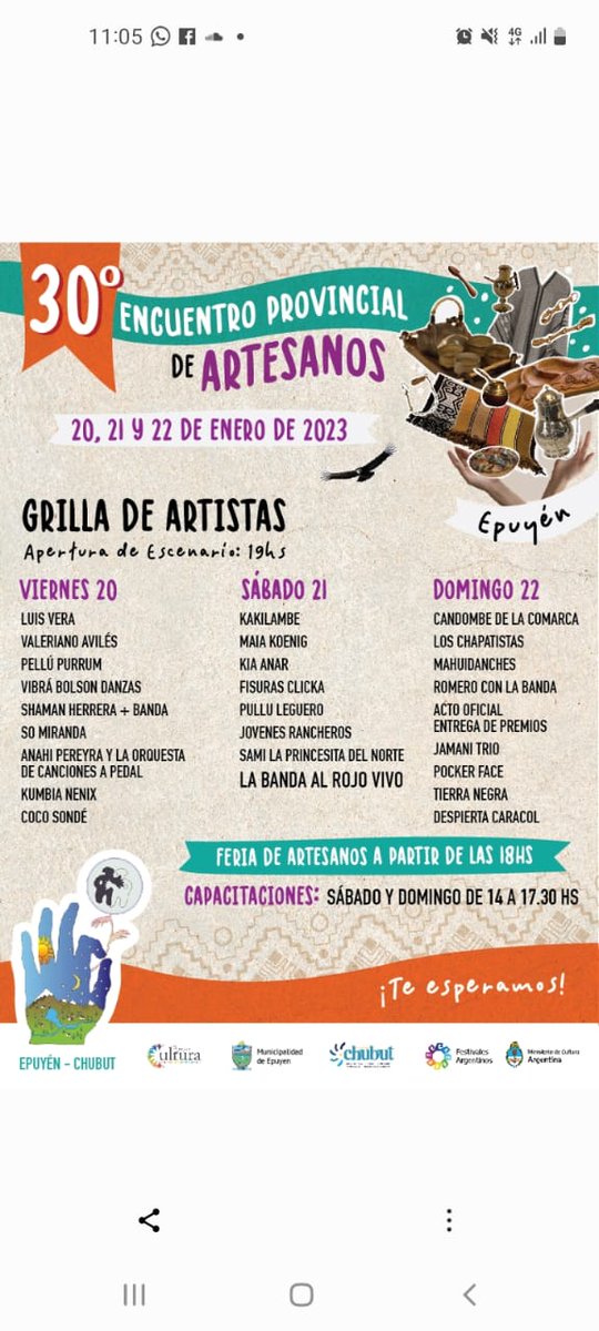 ░▒▓█ ℂ𝕦𝕖𝕟𝕥𝕒 𝕣𝕖𝕘𝕣𝕖𝕤𝕚𝕧𝕒 █▓▒░
A una semana de nuestra tan esperada fiesta. Iniciamos el 2023 con inmensa alegría, con una temporada repleta de ilusiones y un encuentro único, en el que artesanos de todo  el país exponen y venden sus obras.
➡️ Chequea la grilla