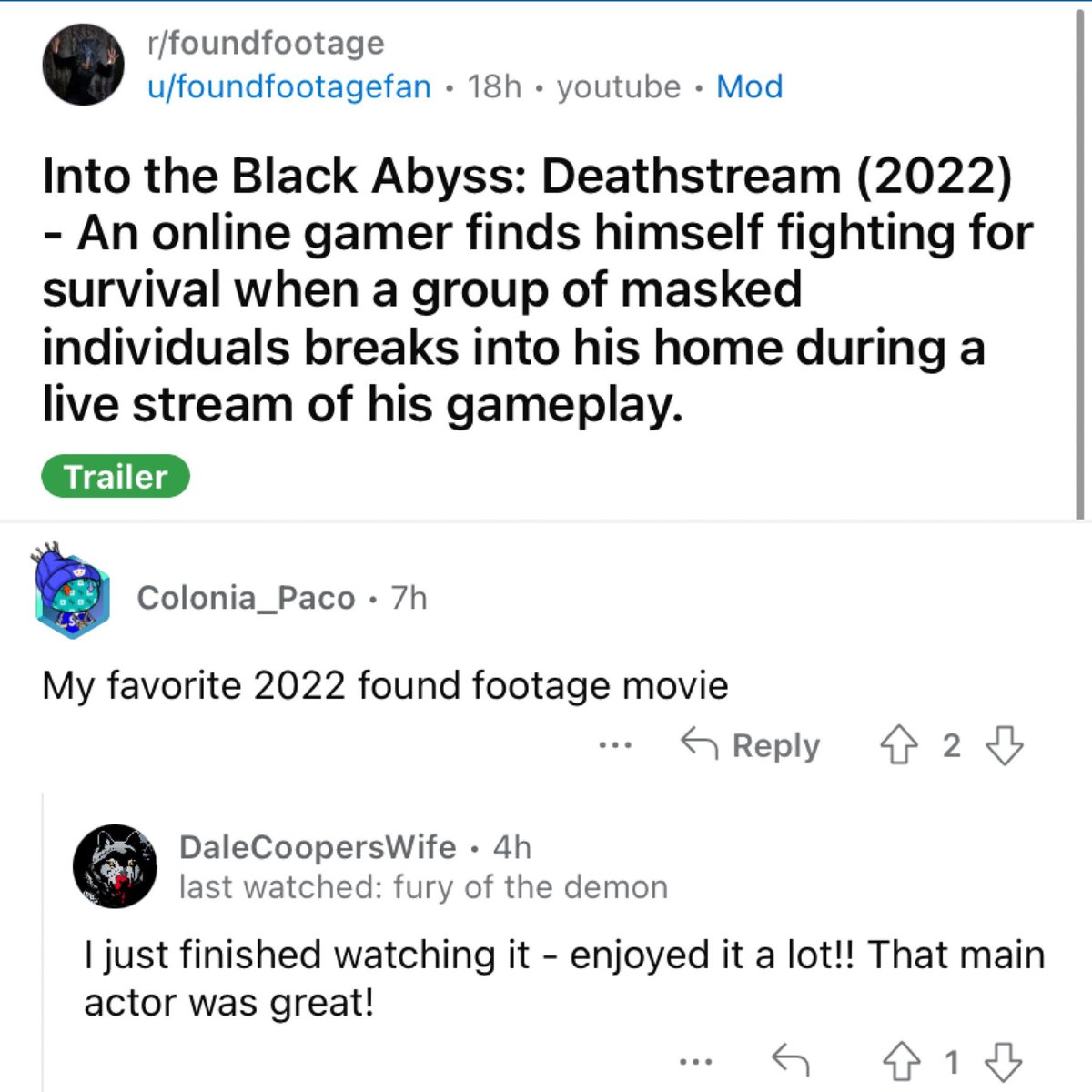 Always great to hear feedback like this reddit.com/r/foundfootage… #reddit #foundfootage #pov #horror #indiehorror #indiemovies #foundfootagehorror