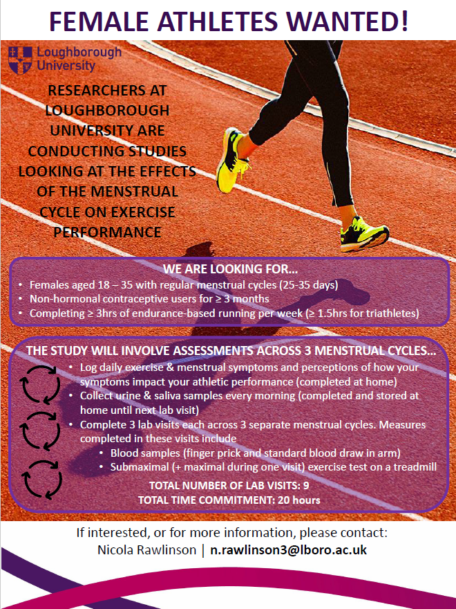 nic_rawlinson's tweet photo. Fancy kicking off 2023 by getting involved in some female physiology research? I'm looking females in the Loughborough area who are aged 18-35, not currently using a hormonal contraceptive, and who run regularly (~3hrs per week). Please get in touch! https://t.co/aQAp2et0Ed